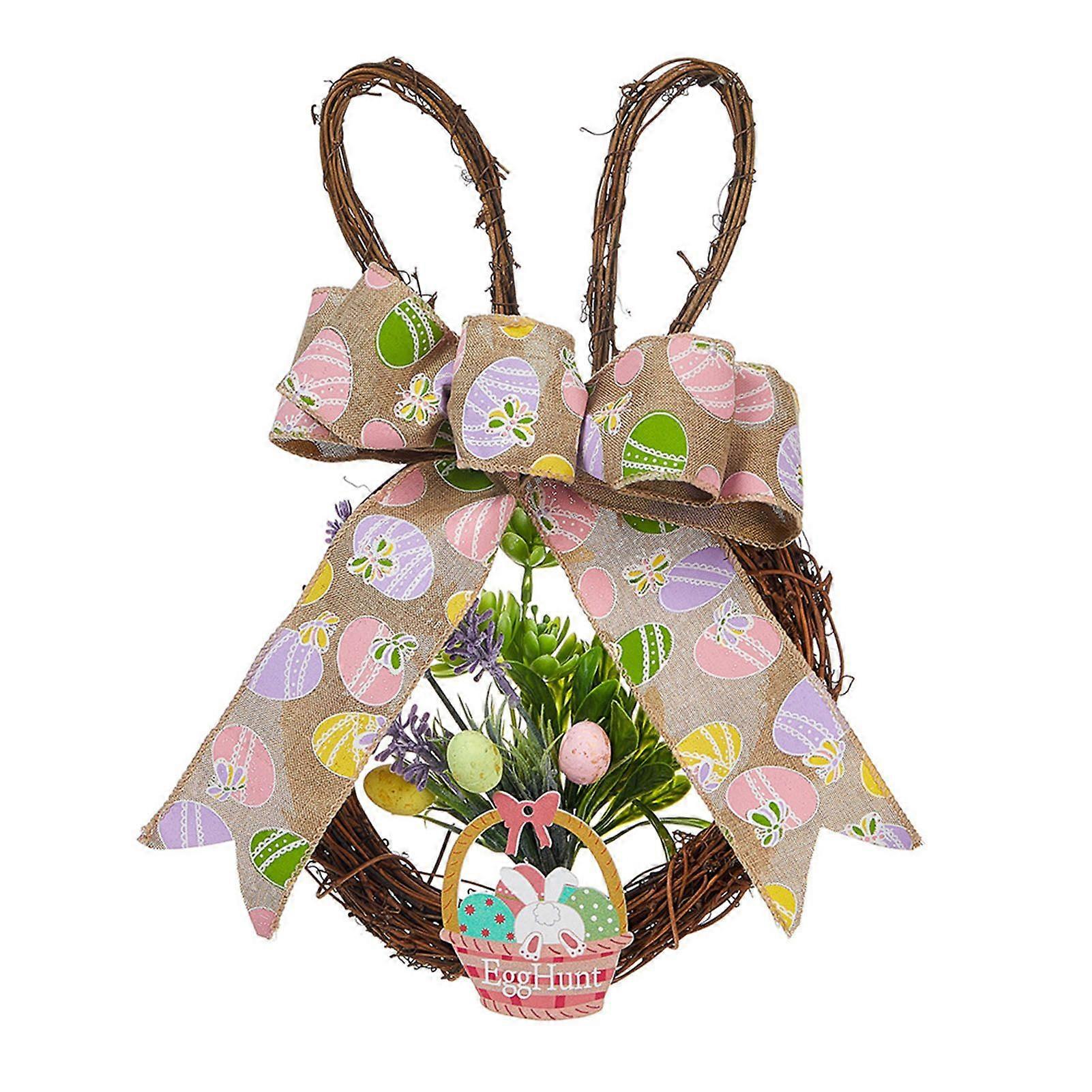Qinghai Easter Bunny Wreath Rattan Weaving Rabbit Shape Wreath Hanging Wreath with Bow Artificial Greenery for Door Mantel Wall Window Decor