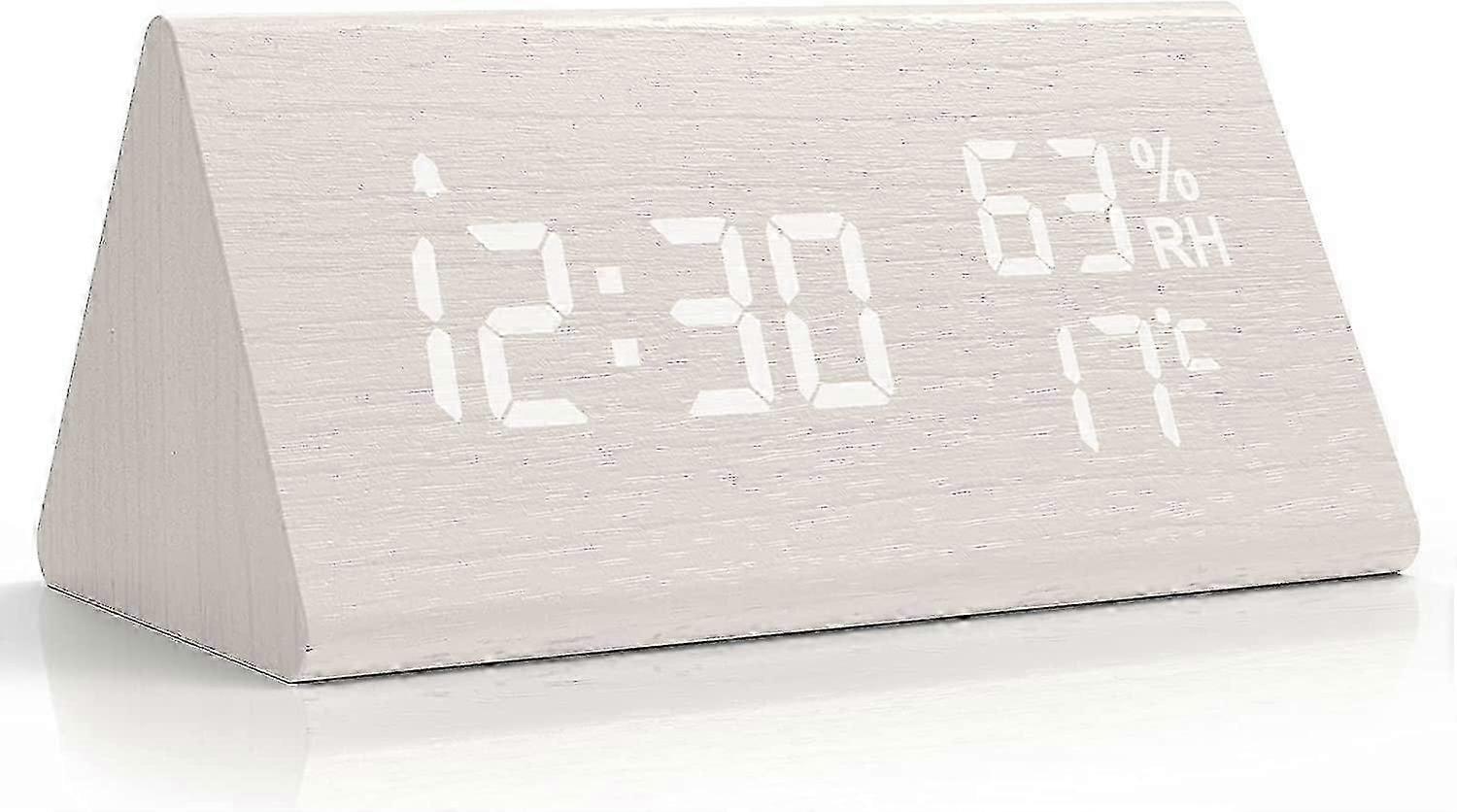 Wooden Digital Alarm Clock, Digital Clock with Snooze/Date/Temperature and Humidity - White