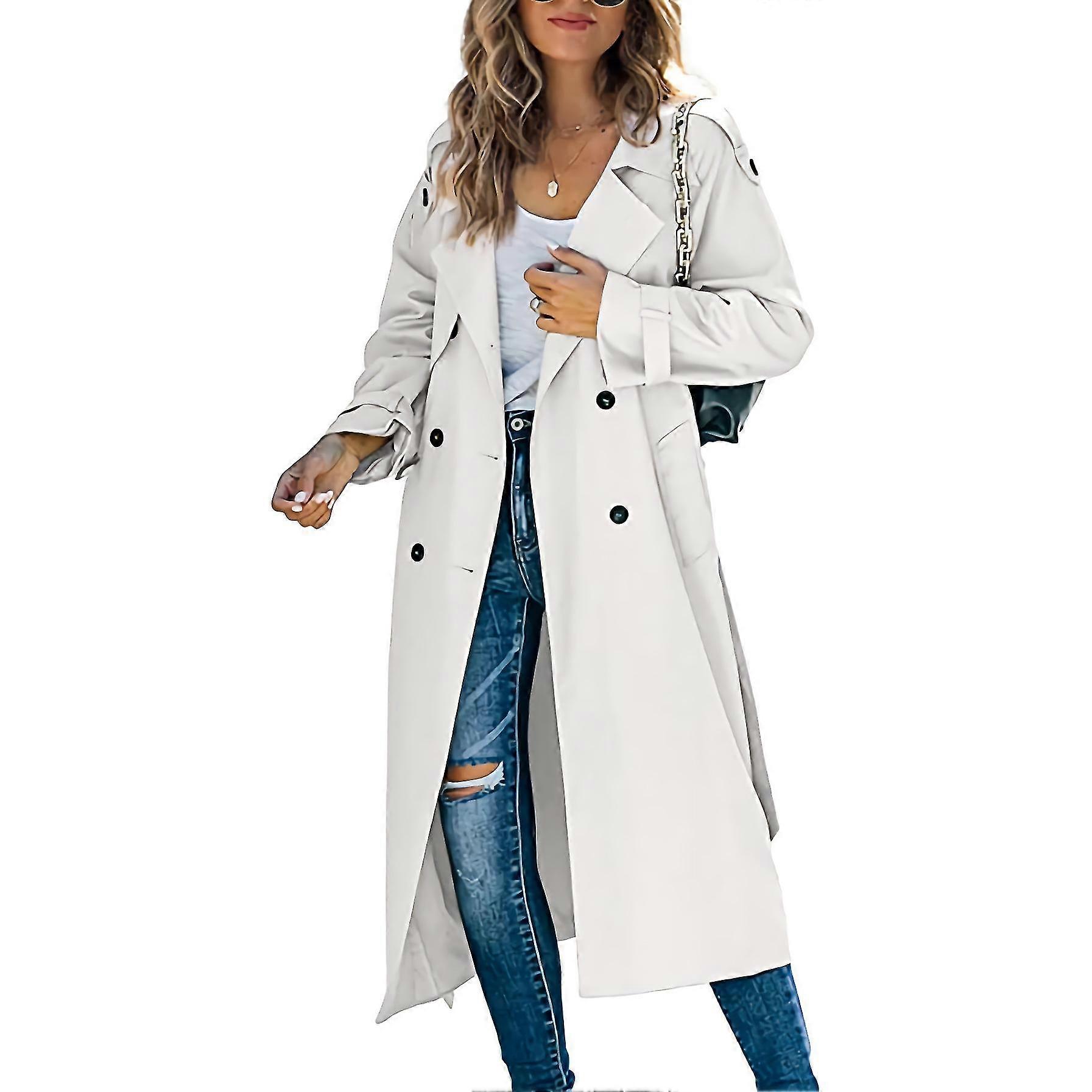Trench Coat feminino trespassado, mistura de algodão à prova de vento Slim Fit Sobretudo longo com cintura com cinto
