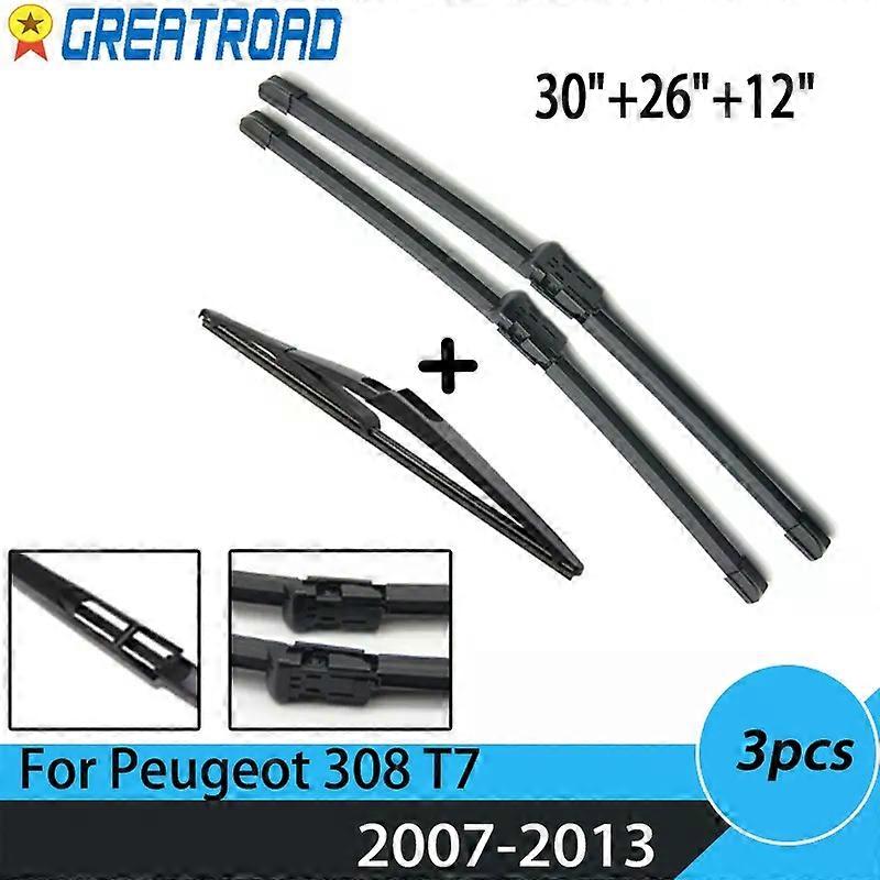 Wiper Front Rear Wiper Blades Set For Peugeot 308 T7 Hatchback 2007-2013 Windshield Windscreen Front Window 30"+26"+12"