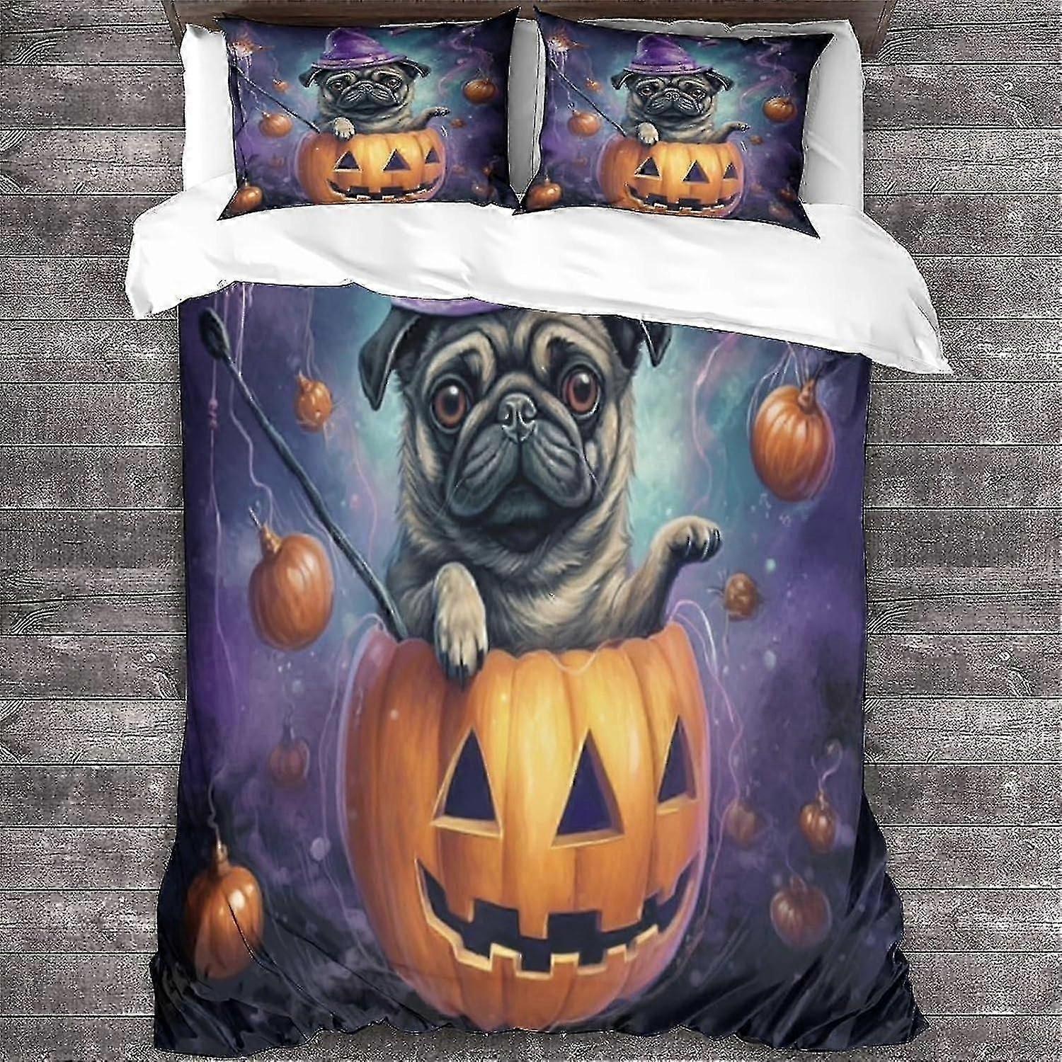 o3244 Lençóis 3 Peças Capa de Edredão para Cães com Fronhas, Conjunto de Cama com Estampa de Halloween com Fecho de Zíper, Capa de Colcha de Animais Lençóis de Cama de Casal fVV32