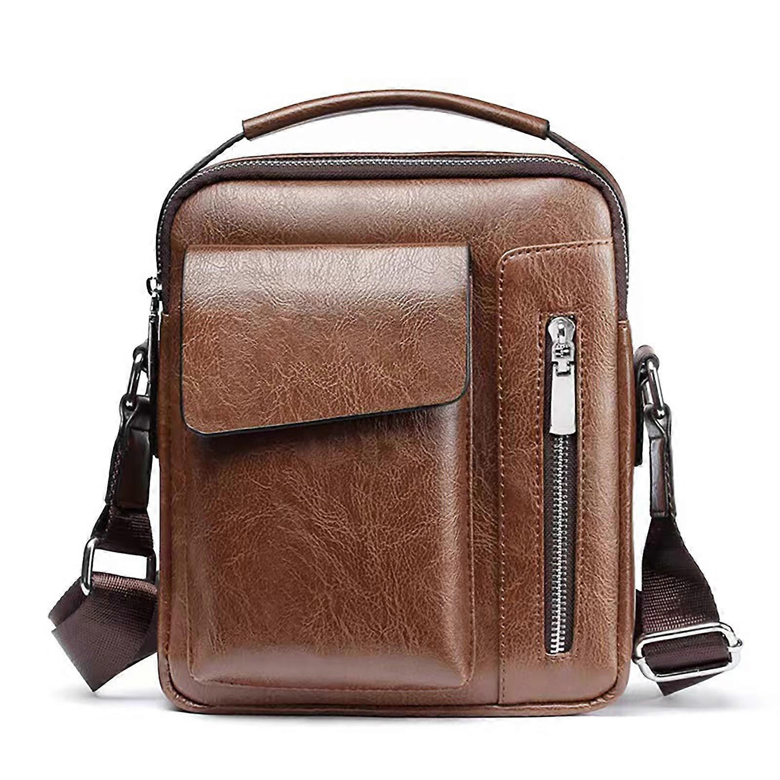 Stylish PU Leather Crossbody Shoulder Bag for Men with Multiple Pockets and Adjustable Strap Retro Small Messenger Bag Khaki