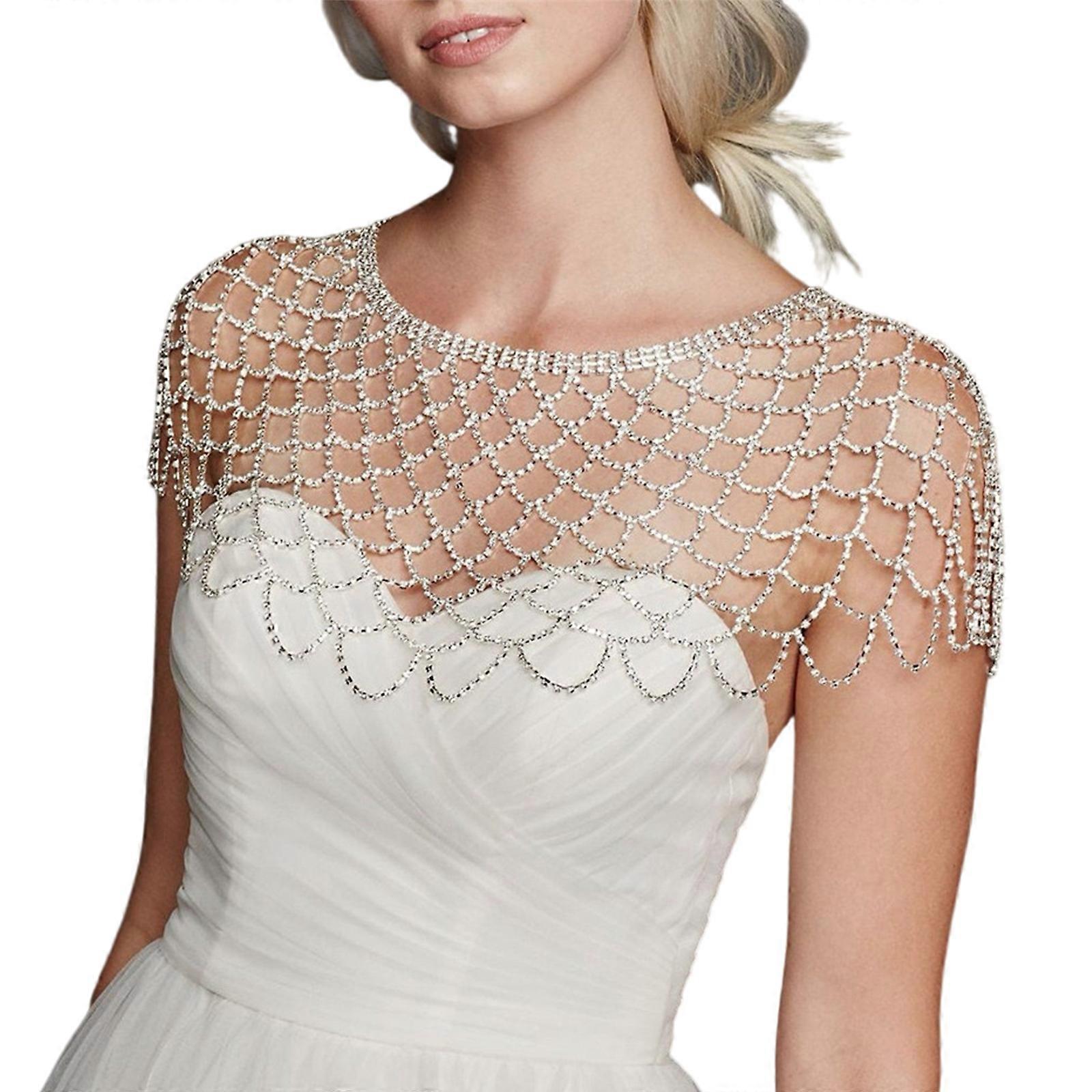 Hollowed Out Shawl Long Tassels Pendant Shoulder Chain with Sparkling Rhinestones Detailing for Formal Occasion Silver