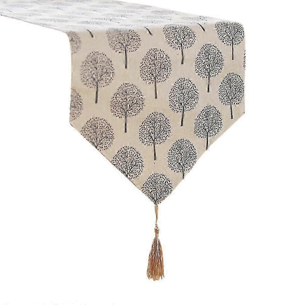 12 Inch By 72 Inch Rustic Tree Table Runner Cotton Linen Pattern Washable Floral Tree Gray With