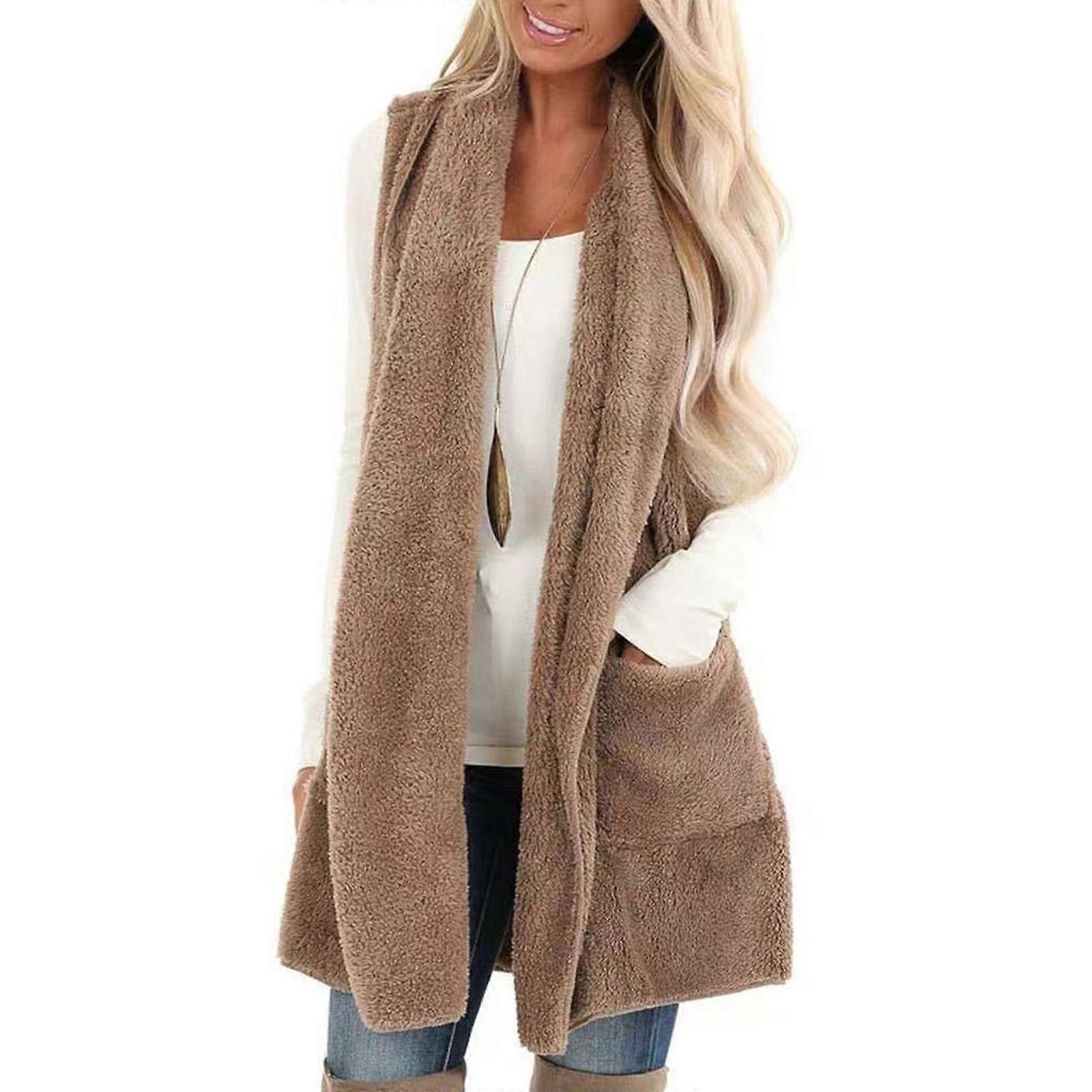Women Fuzzy Fleece Vest,Casual Warm Sleeveless Open Front Sherpas Vest Jacket with Pockets Warm Outwear for Fall/Winter  Khaki XL
