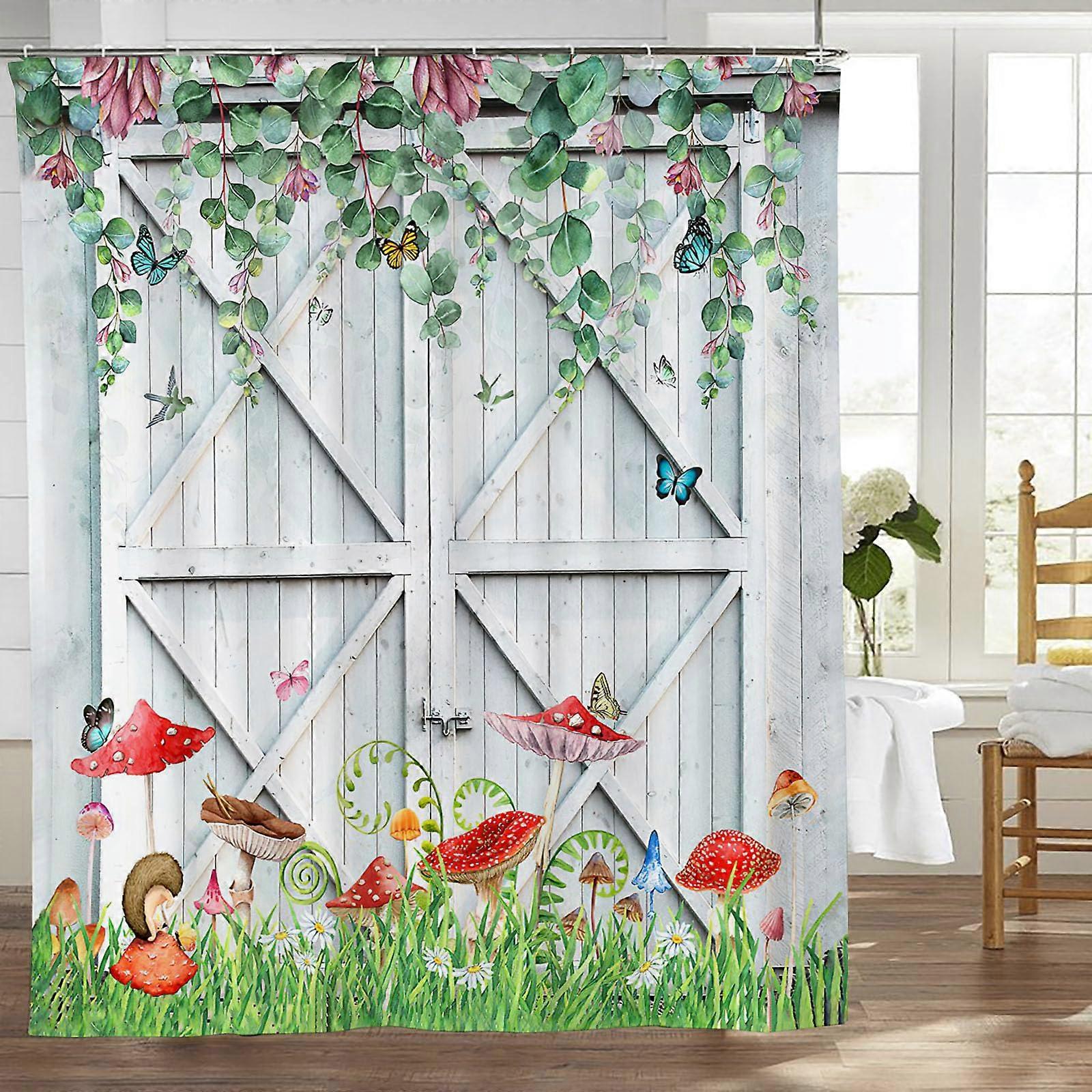 Rustic Shower Curtain Barn Door Mushroom Eucalyptus Farmhouse Print Waterproof Polyester 72W X 60L With Hooks