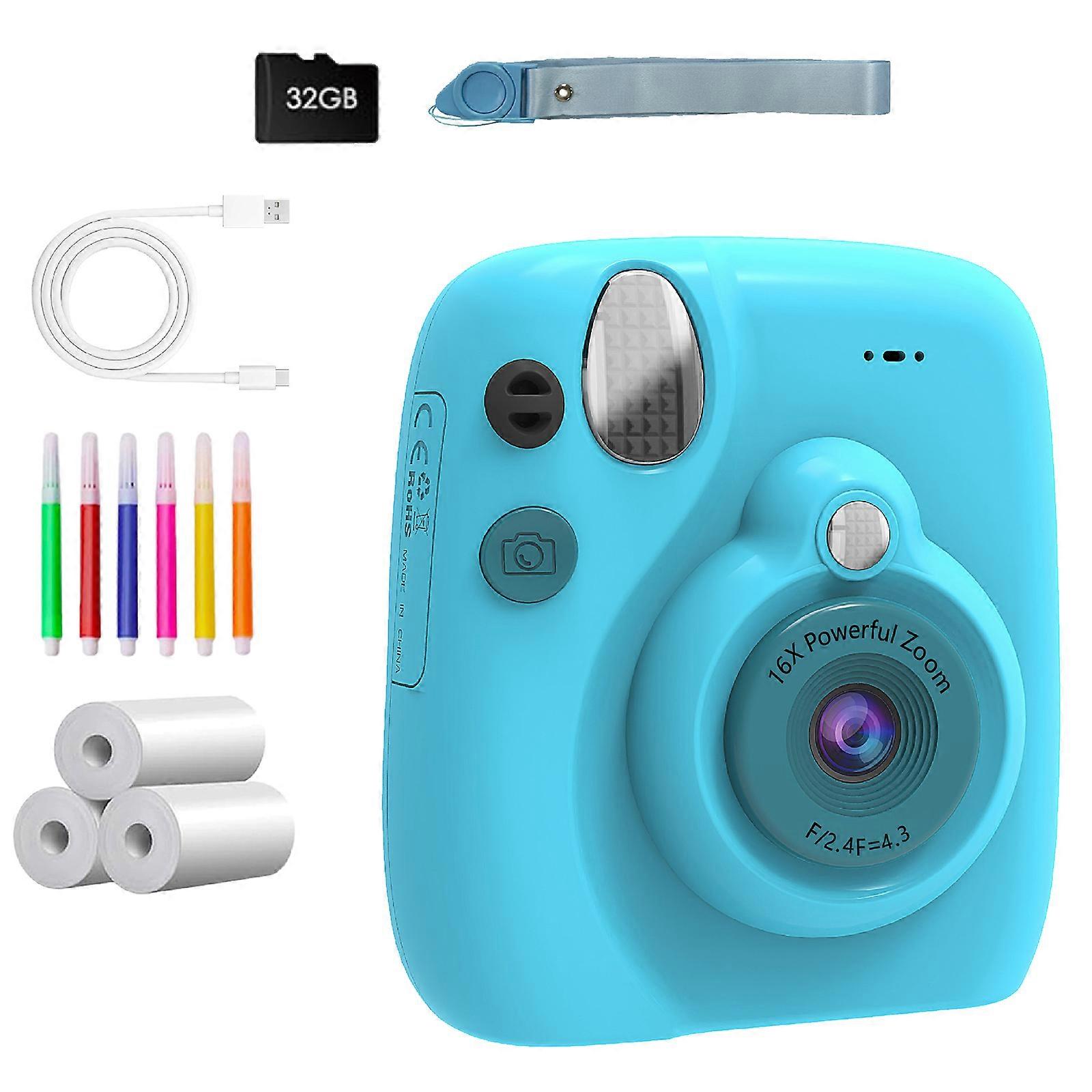 Portable Children Camera Instantly Camera 3Inch Clear Display Rechargeable Battery Safe ABS Shell Gift for Boy Girl Sky blue