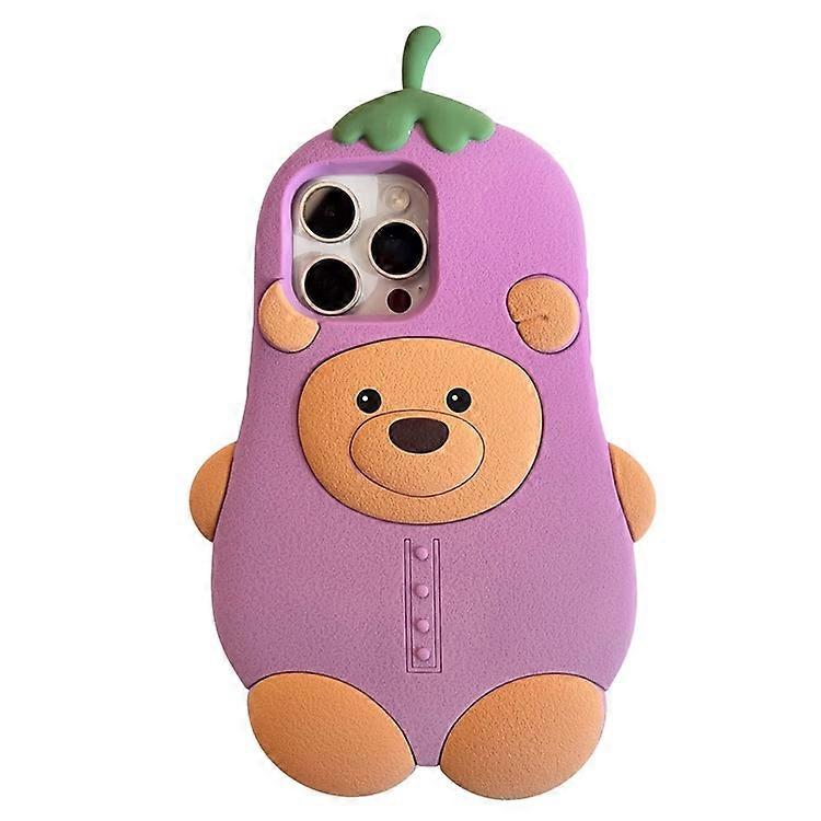 Compatible For iPhone 16 Pro Silicone Case Cute Eggplant Bear Design Shockproof Phone Back Cover