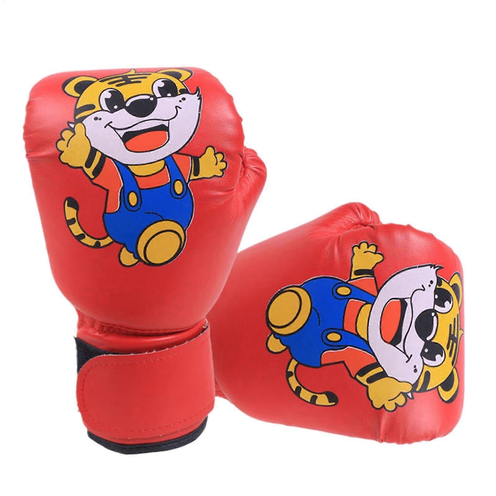 Youth Boxing Gloves, PU Leather Material, Breathable Design, Cartoon Pattern, Junior Training Mitts for Muay Thai, MMA, Kickboxing, Red