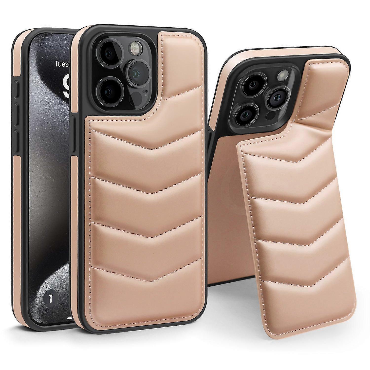 جراب لجهاز iPhone 14 Pro Max Pink Lycra Down Invisible Bracket حامل بطاقة ممغنطة