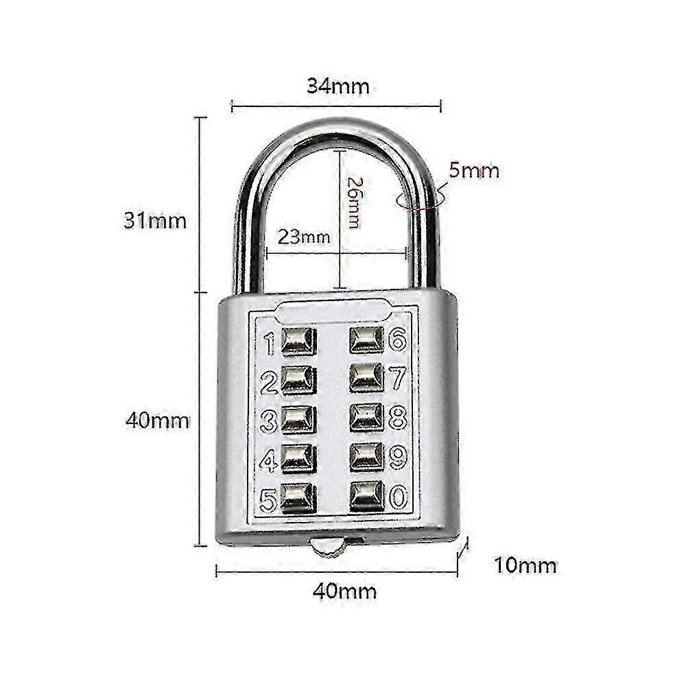 1 Piece 5 Digit Push Button Combination Padlock Zinc Alloy Password Lock, For Door School Gym Barrier Cabinet, 10 Keypads