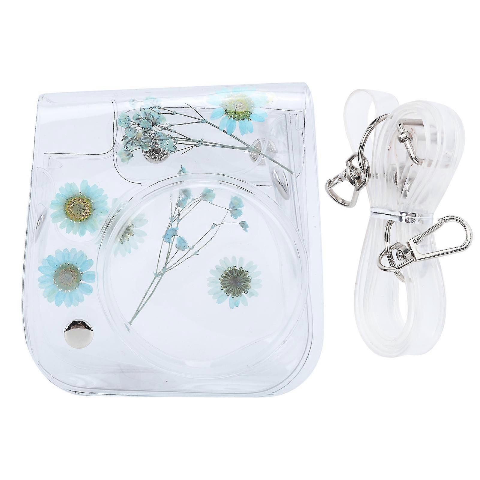 Transparent PVC camera case, adjustable shoulder strap, Instax Mini 11 compatible, protective blue.