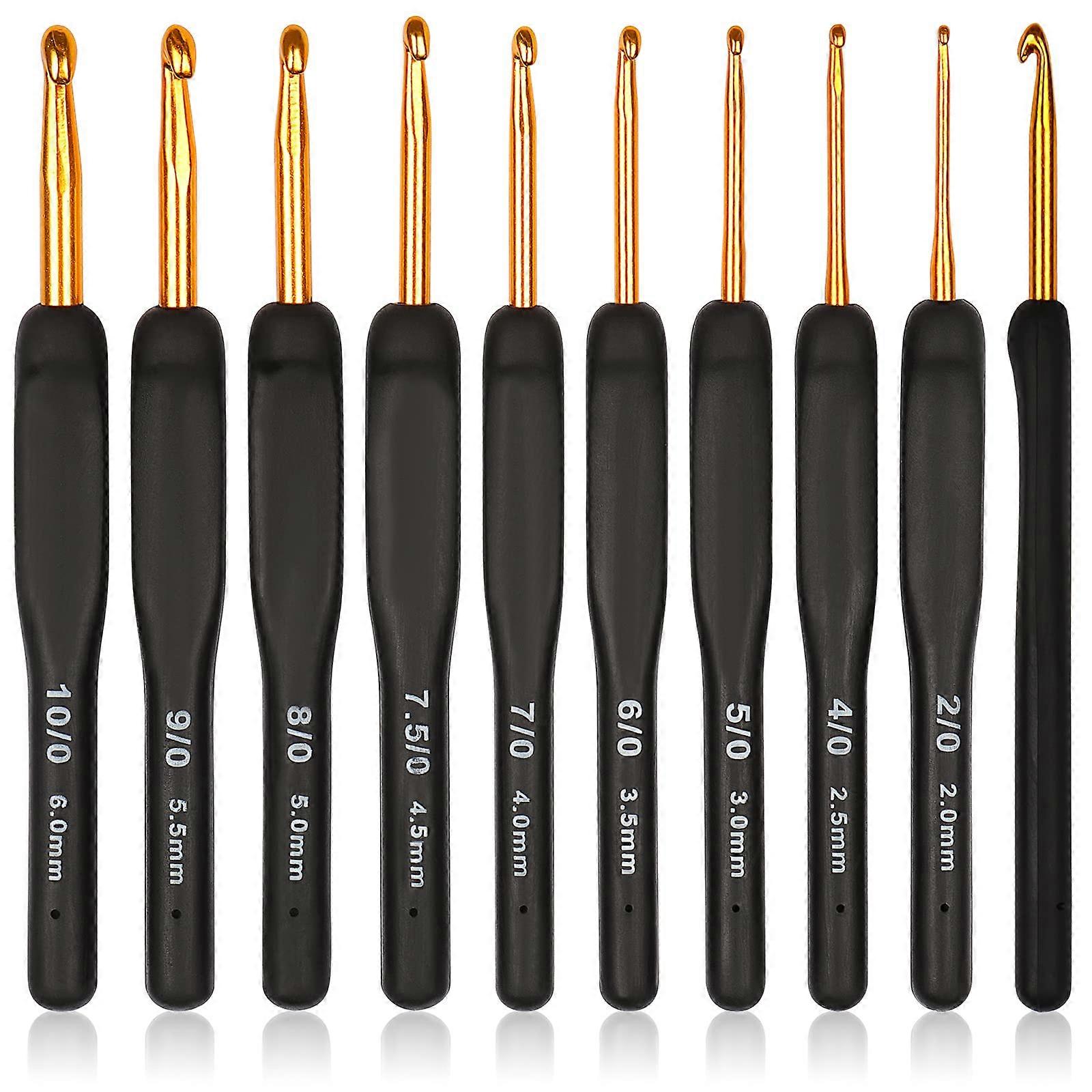 Crochet Hook Set, 9 Ergonomic Black and Gold Aluminium Crochet Hooks, Soft Grip for Arthritic Hands, Ideal for Yarn Crafts