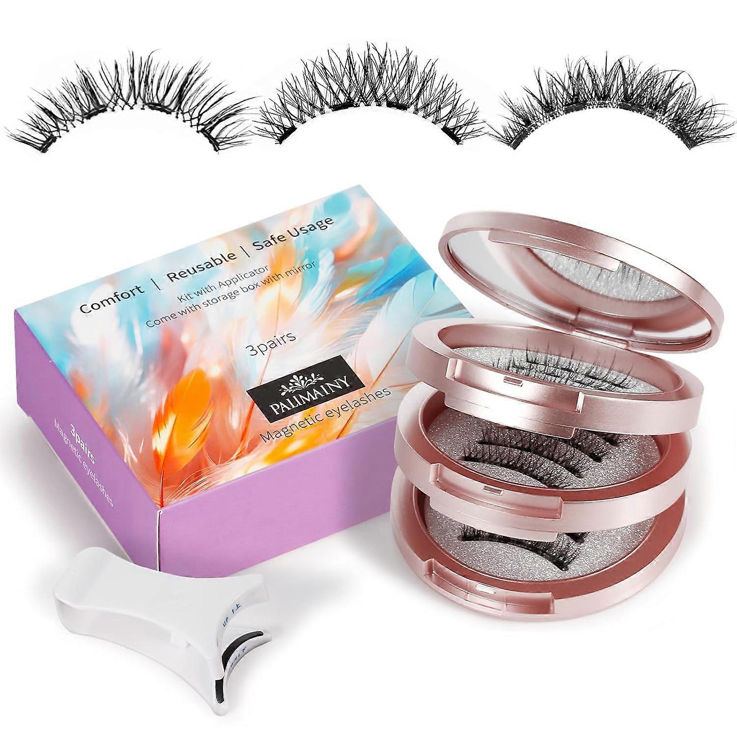 Magnetic eyelashes, 3 pairs, 3 styles, natural look, wispy, fluffy, magnetic eyelashes with applicator, no glue required, reusable, waterproof,