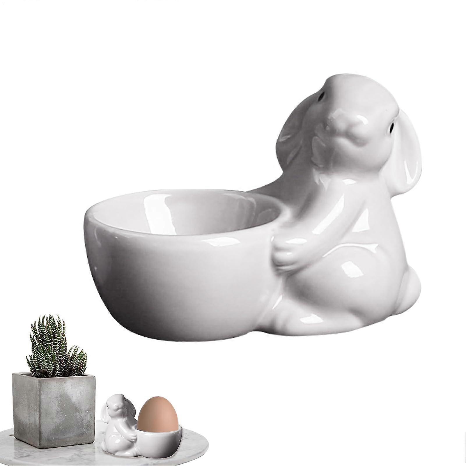 Ceramic Egg Cup White Easter Bunny Egg Stand With Bunny Statue, Cute Simple Ceramic Holder For Easter Breakfast Decor