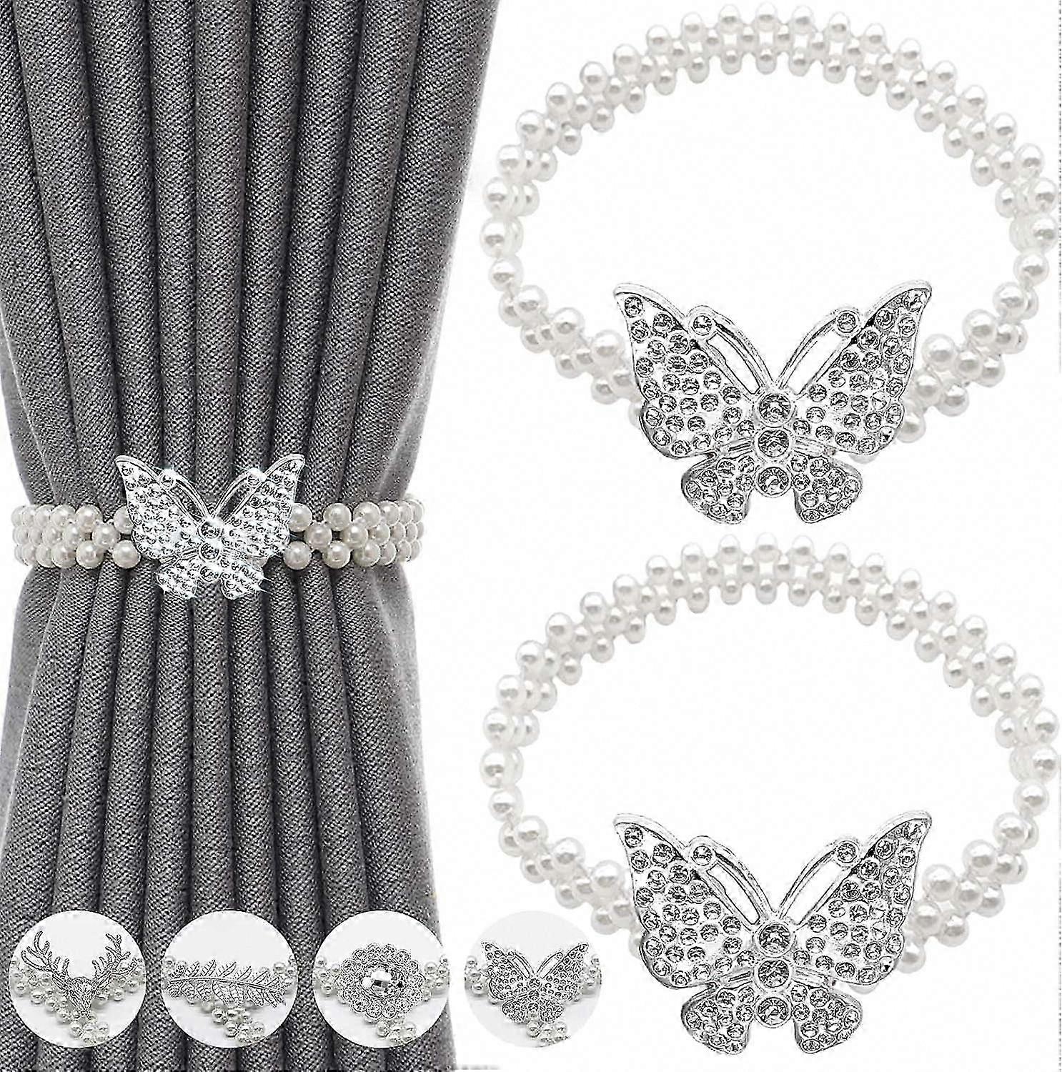 2 Pcs Metal TieBacks with Classy Small Pearl Elastic Rope Curtains Hold Holdbacks for Home Office Window Drape Deco No-Install