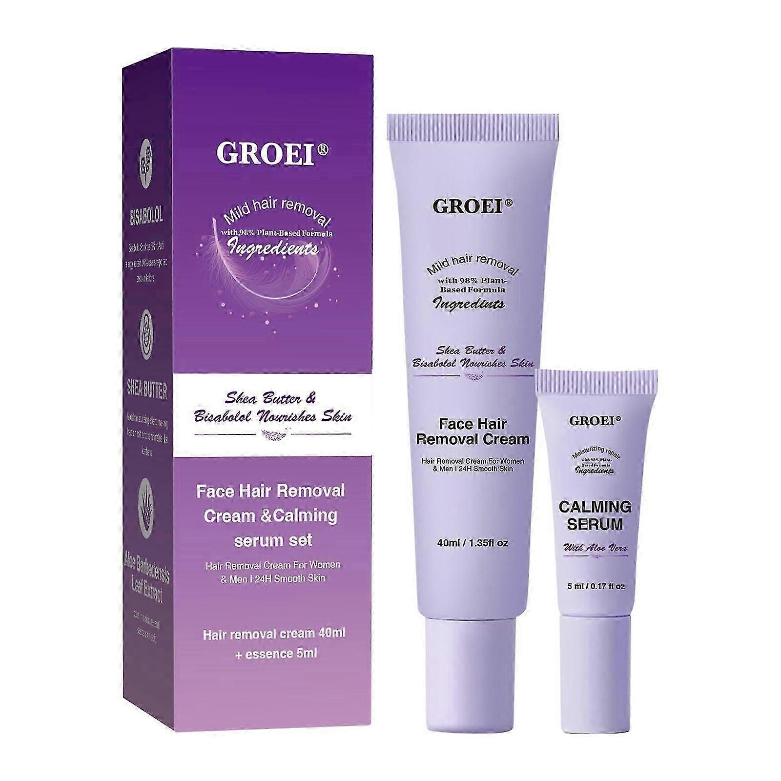 كريم إزالة شعر الوجه - كريم إزالة الشعر بدون ألم ومهدئ + سيروم مهدئ - تركيبة لطيفة - آمن للبشرة الحساسة - بشرة ناعمة