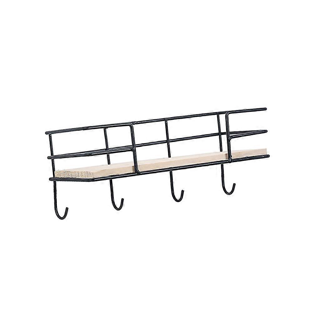 Modern Wrought Iron Wall Mounted Storage Rack with 4 Hooks for Keys Tools Books Black Wood and Iron