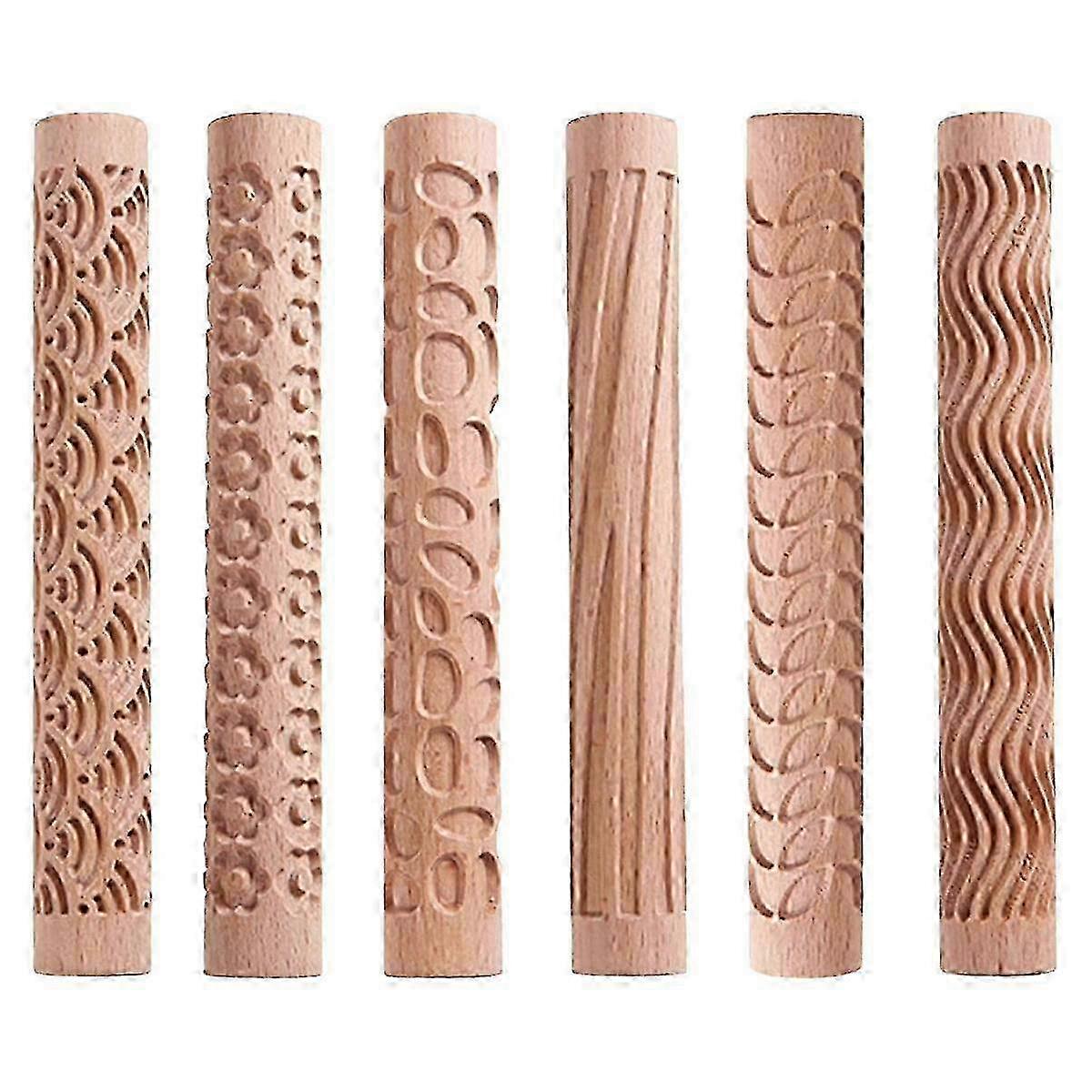 6Pcs Wooden Handle Clay Texture Rollers Set for Pottery Modeling with Star Moon Geometric Patterns DIY Craft Tools