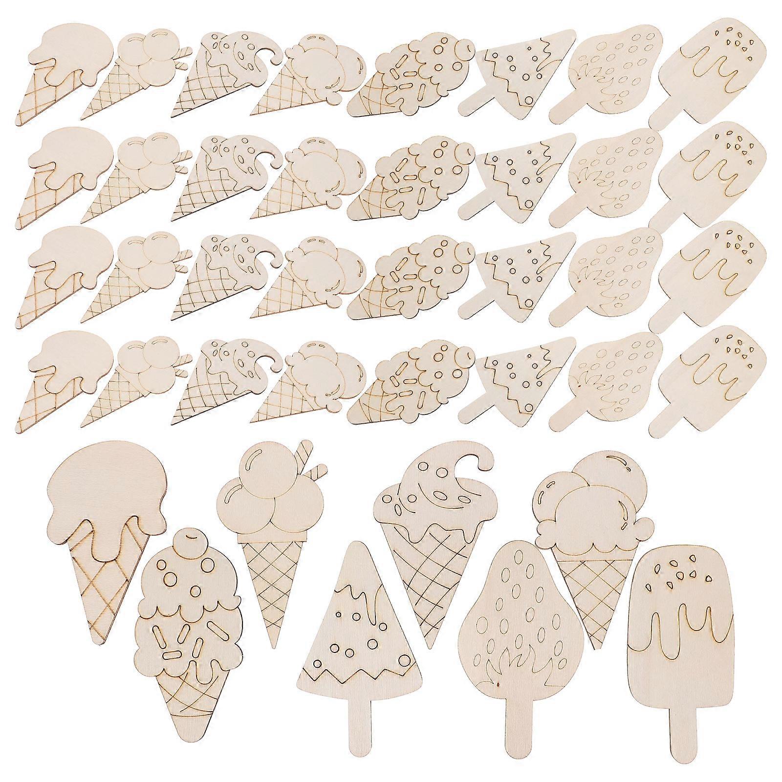 40pcs Unfinished Wooden Ice Cream Cutouts Smooth DIY Craft Slices for Painting, Birthday Decorations, Art Projects & Home Decor Supplies
