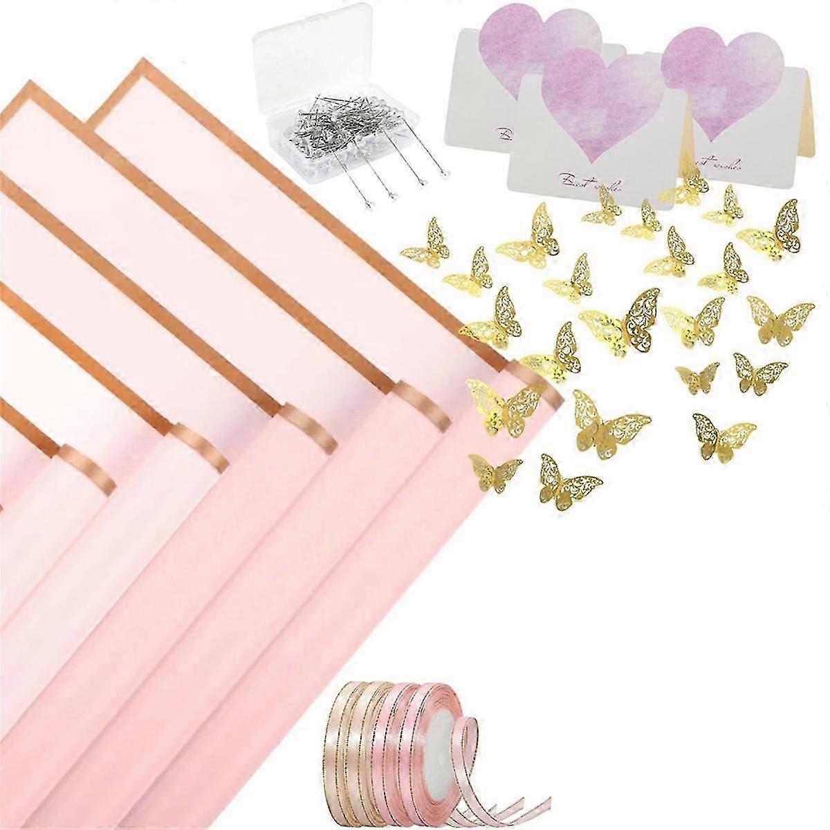 40 Sheets Flower Wrapping Paper with 4 Rolls Flower Ribbons, 20 Cards, 36 Pcs 3D Gold Butterflies ,Pink