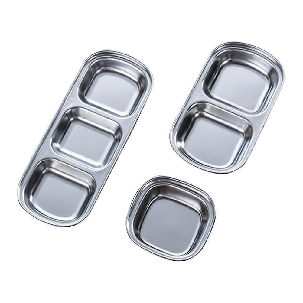 3pcs Stainless Steel Dip Dish Set Practical Hot Pot Dipping Bowl Sub Grid Seasoning Saucer Condiment Plate