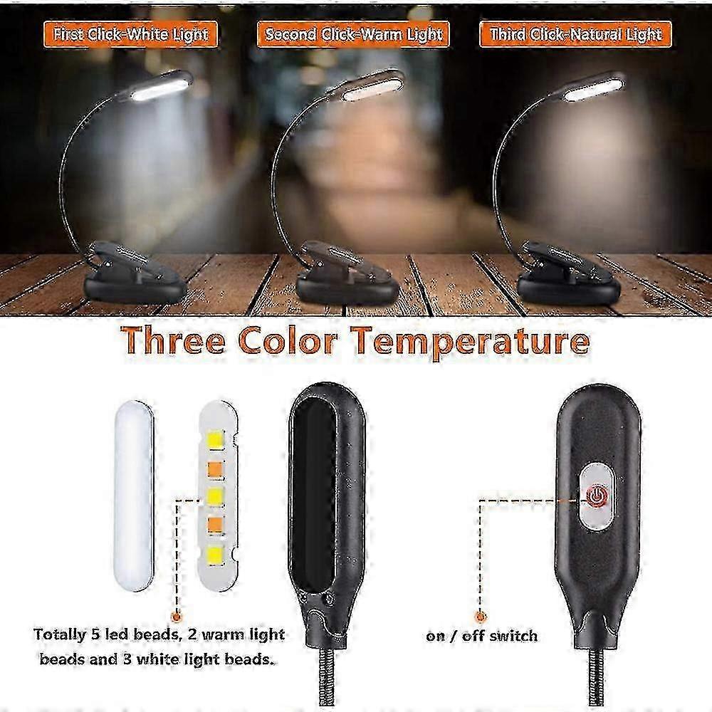 Rechargeable Book Light, Led Clip On Reading Light For Book In Bed, 3 Color 3