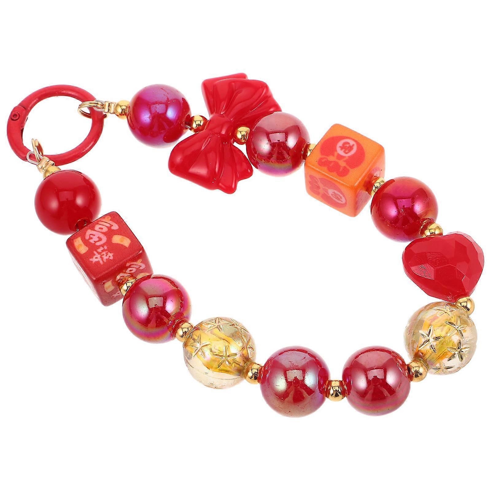 Cell Phone Beaded Wrist Strap Chinese Style Security Enhancement Red 1Pack