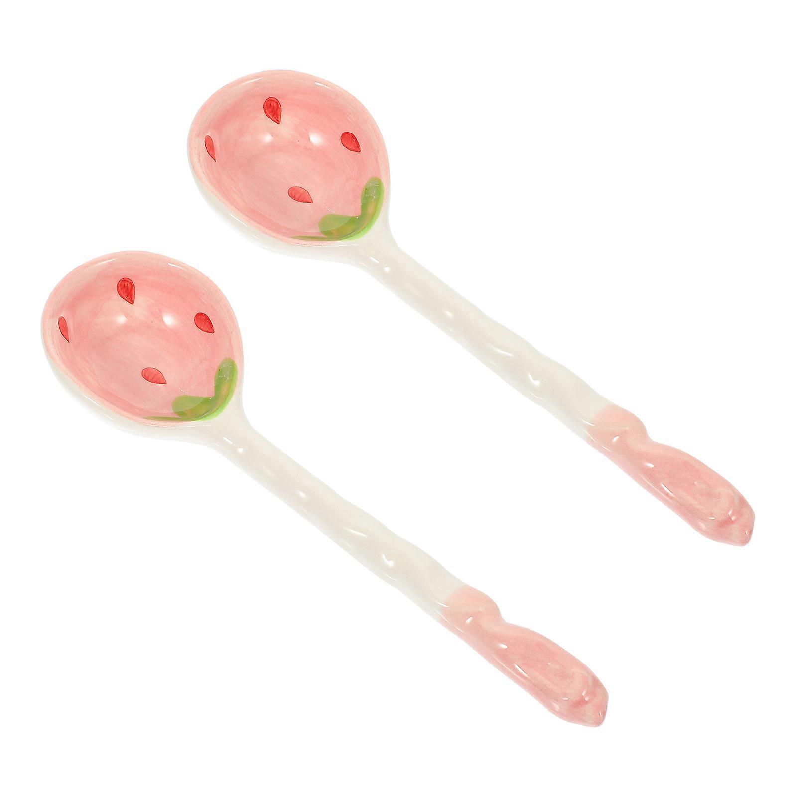 Household Strawberry Ceramic Spoons for Home Use Long Handle 2Pcs