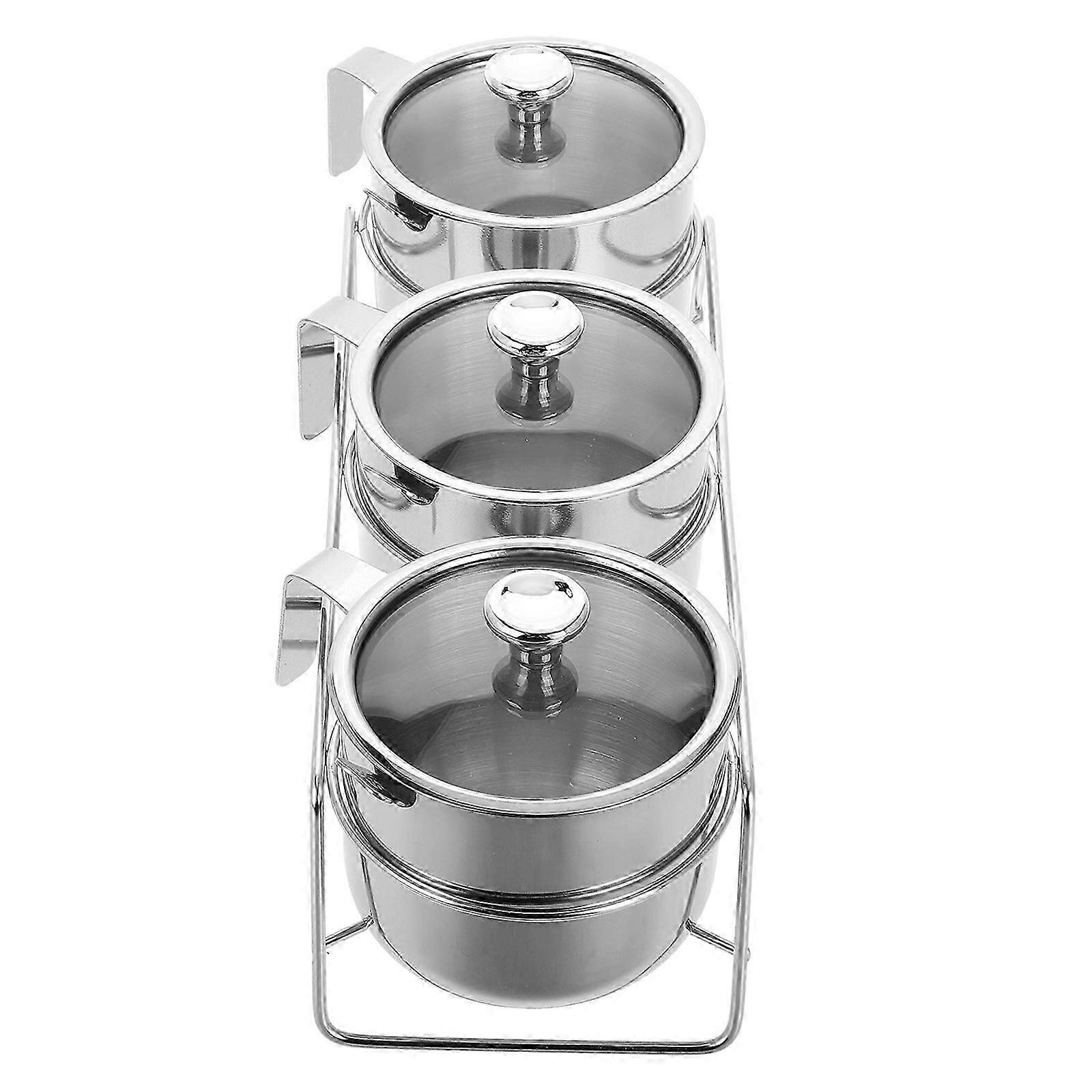 Kitchen Condiment Holder Silver Stainless Steel Spice Jars with Spoon 1Set