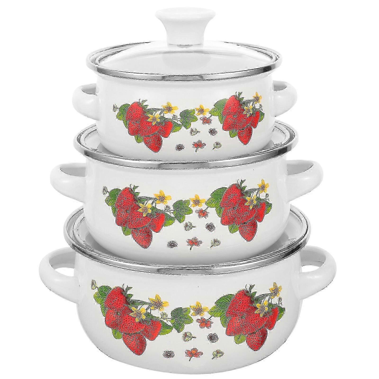 3 Pcs Small Pots Kitchen Enamel Pot Stackable Pan Cooking Pots Stock Pot With Lids