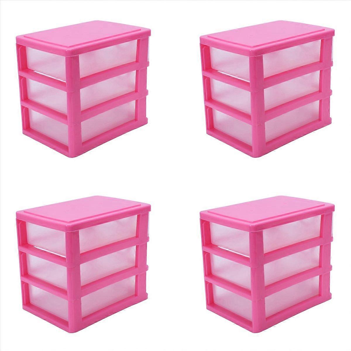4X Mini Translucent Drawer Type Plastic Storage Box(Rose Red 3 Layers)