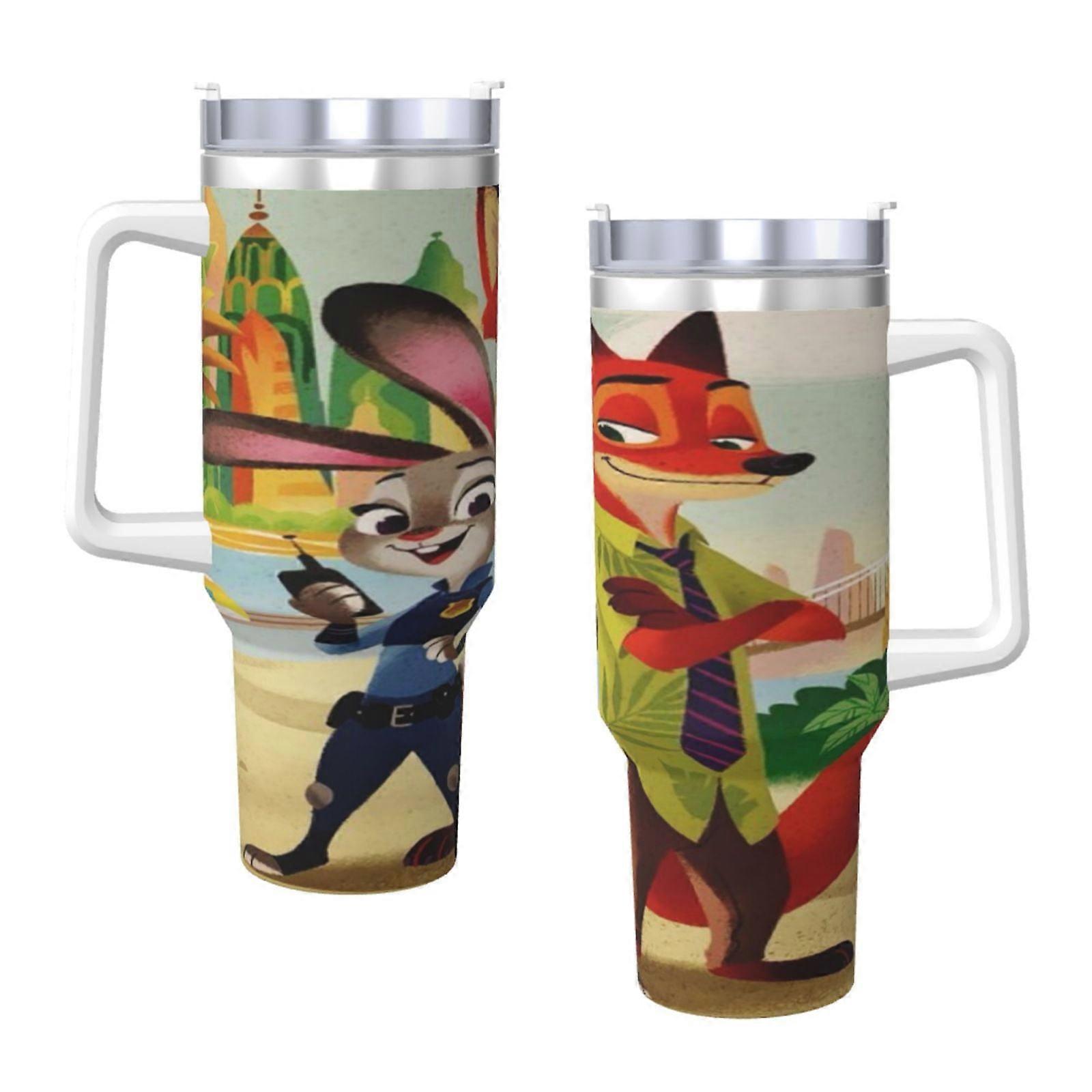 Gobelet Zootroplis 1,2 L avec poignée et paille, étanche et isotherme, en acier inoxydable. Base compatible avec les porte-gobelets.