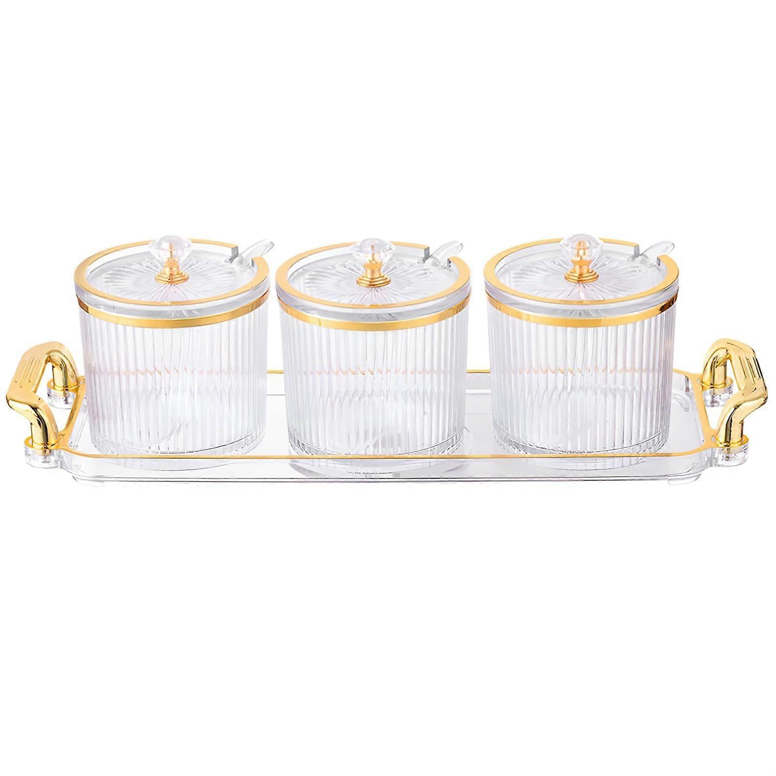 3 Spice Jars With Lids And Tray, Clear Plastic Condiment Organizer For Salt Sugar Paprika, Spoons Included