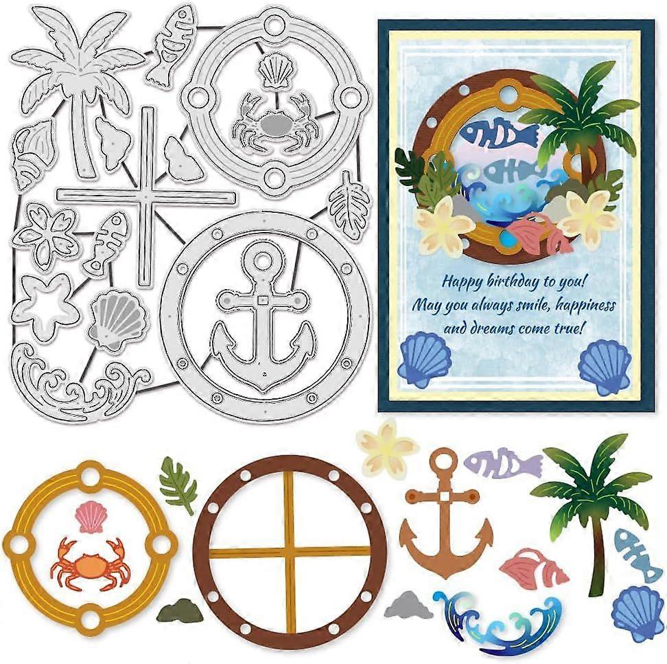 17Pcs Metal Ocean Element Background Frame Cutting Dies for Card Making Ocean Window Die Cuts Shell Crab Wave Embossing Stencils Template Mould for Sc