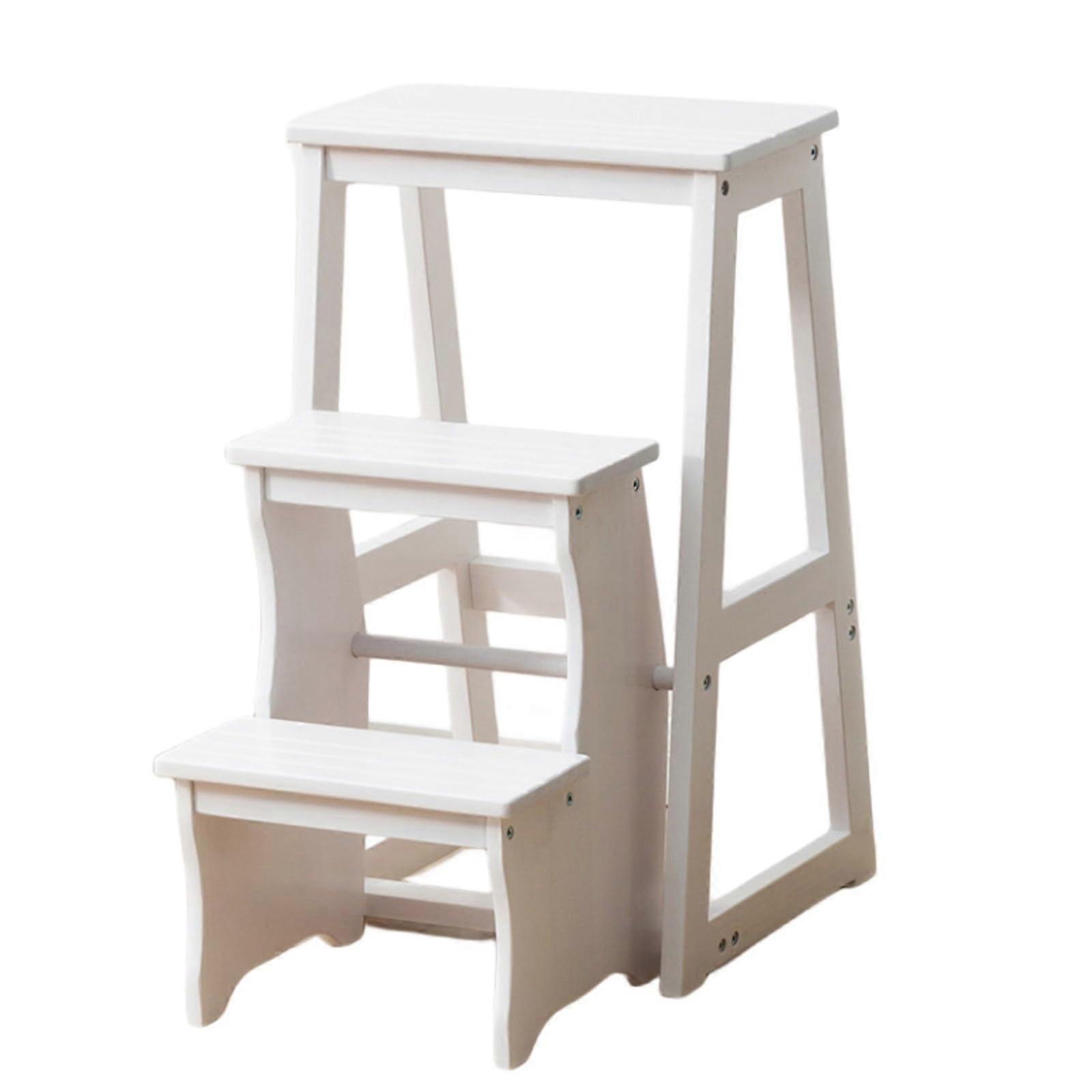 Wooden 3 Step Folding Ladder Chair with Storage for Home Library Display Stand White 100KG Capacity