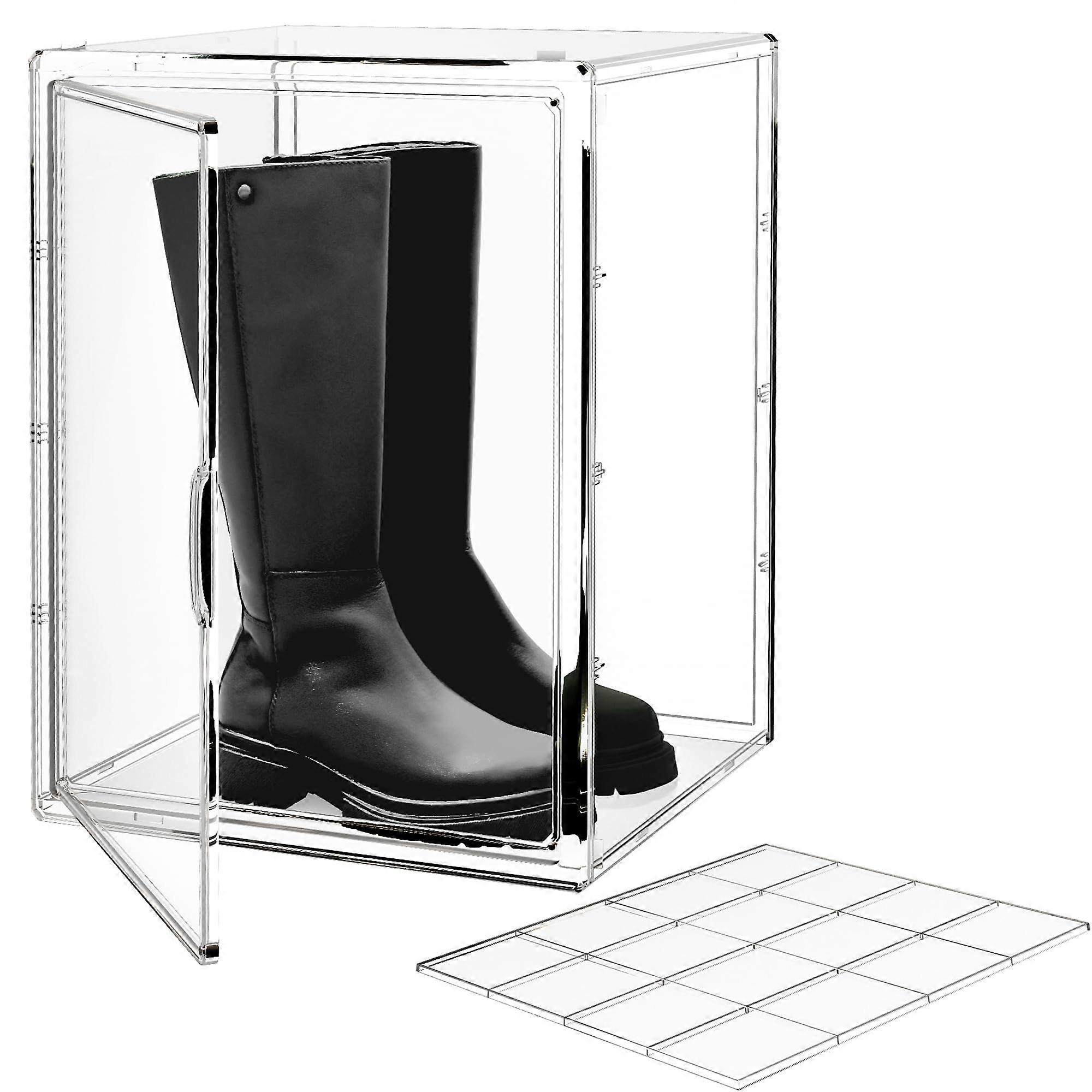 Extra Large Clear Shoe Storage Box with Divider, Stackable Magnetic Door Organizer Fits Size 15