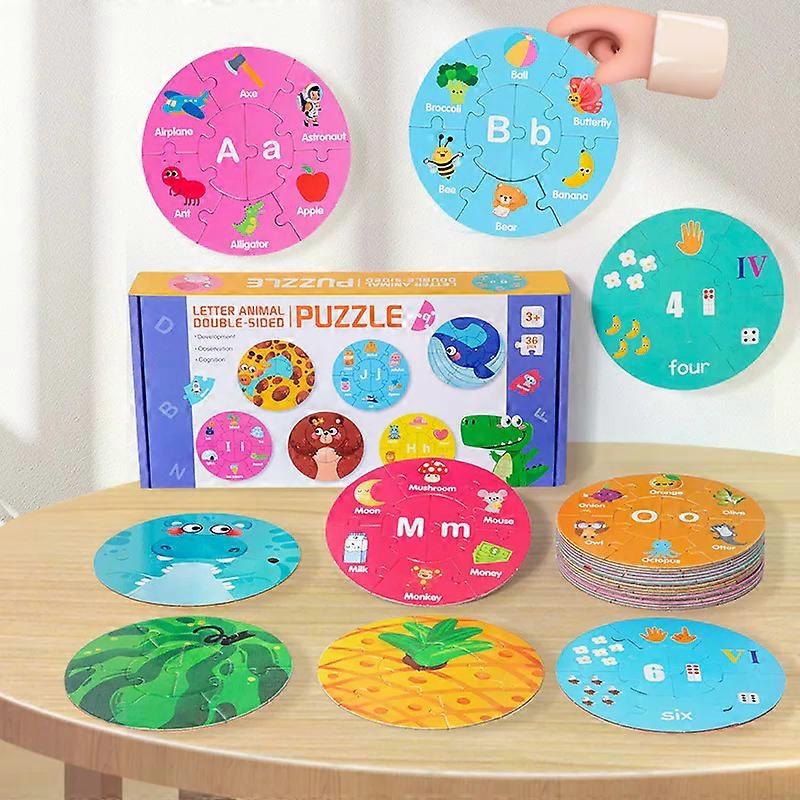Double-sided Puzzle For Kids Letters Digits Animals Circular Toys Learning English Letters Numbers And Words
