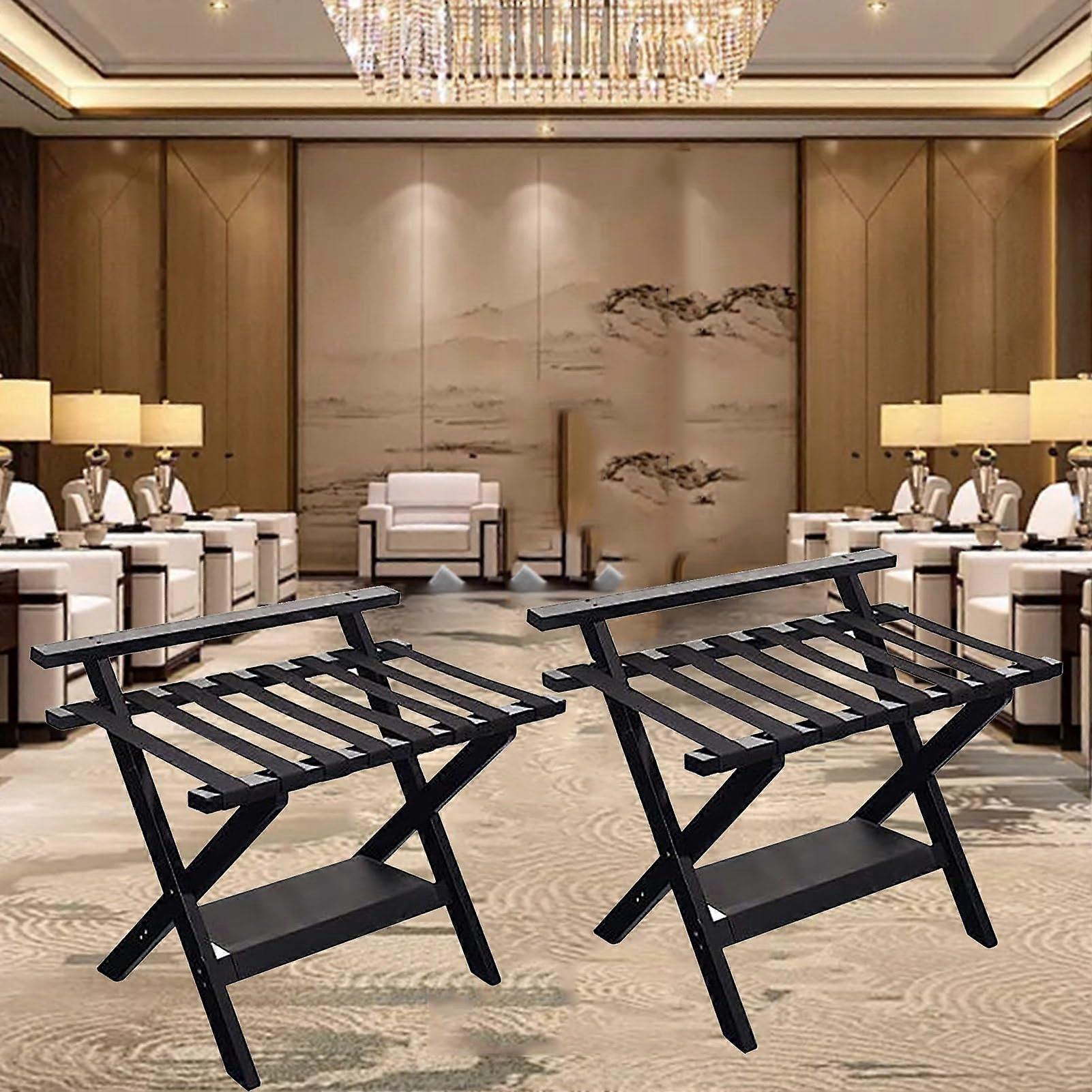 Foldable Bamboo Luggage Rack with Shelf, 2Tier Suitcase Stand for Guest Room Travel, 2 Pcs Black