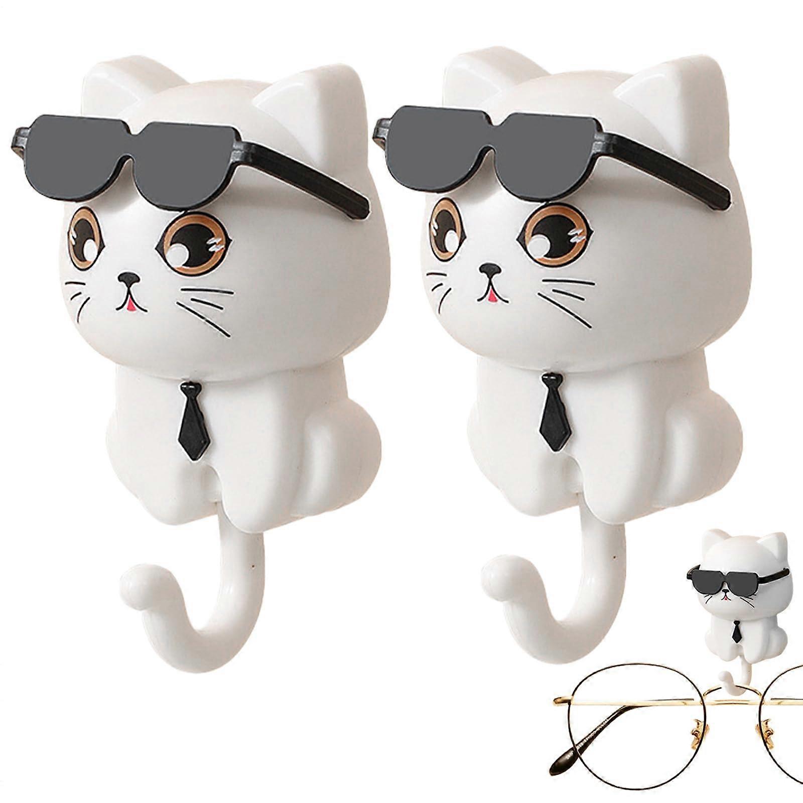 Cute Cat Key Holder Wall Mount with Sunglasses Design, Adhesive Coat Hooks for Keys Hats Scarves