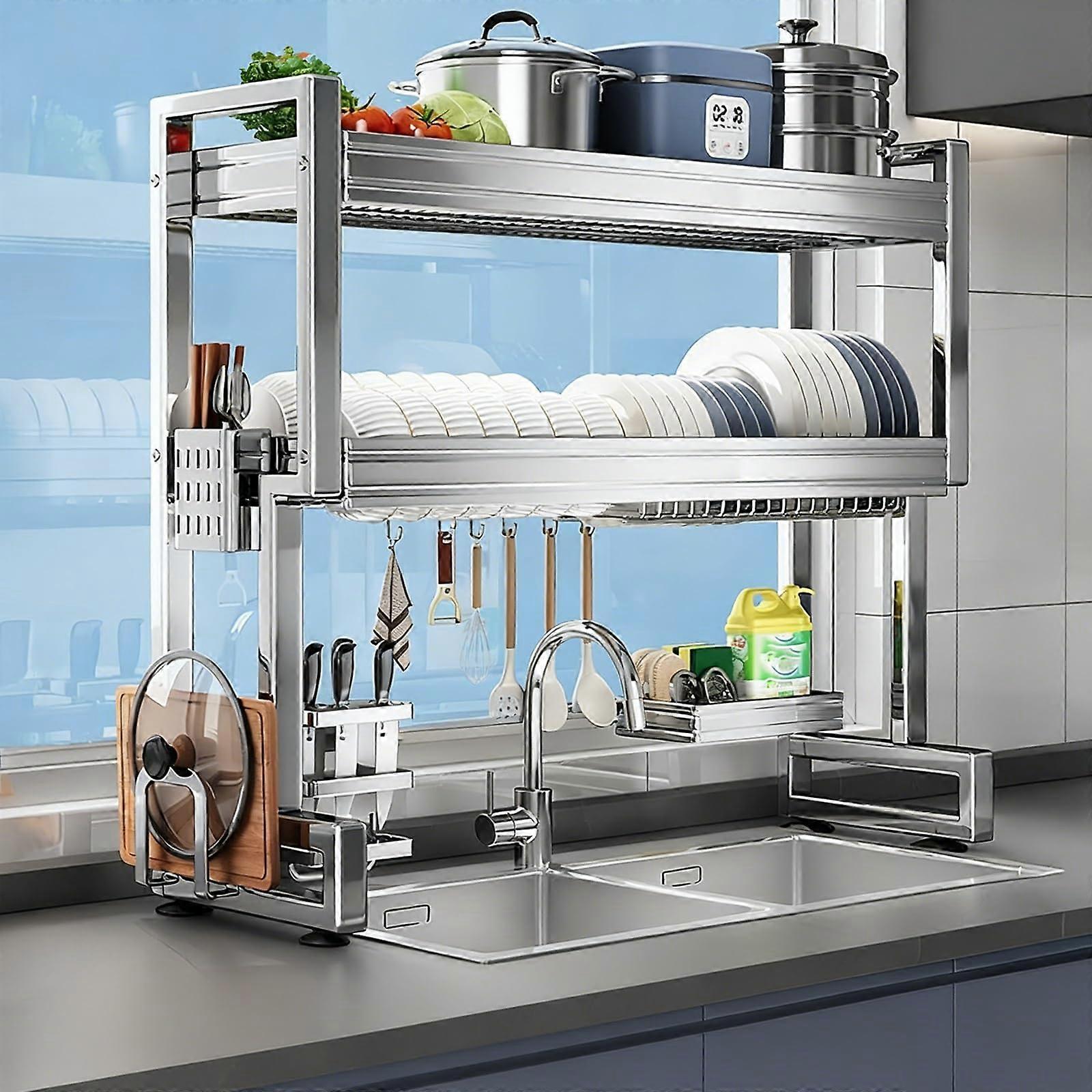 Large Capacity Stainless Steel Over the Sink Dish Drying Rack, Adjustable Height Double Layer 76cm