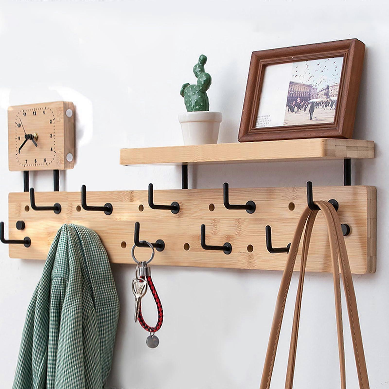 Wall Mounted Coat Rack with Shelf, Adjustable Bamboo Wall Hooks for Entryway Storage