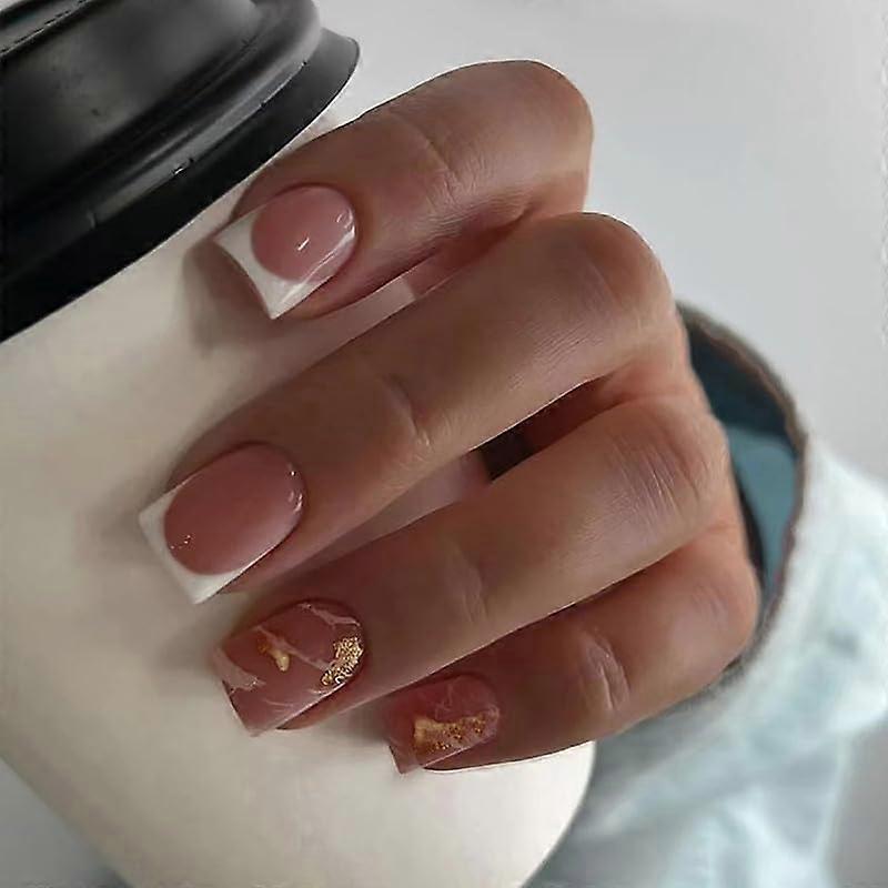 24 Pcs Medium Length French Tip Press on Nails Kit, Reusable Square Full Cover with Tools