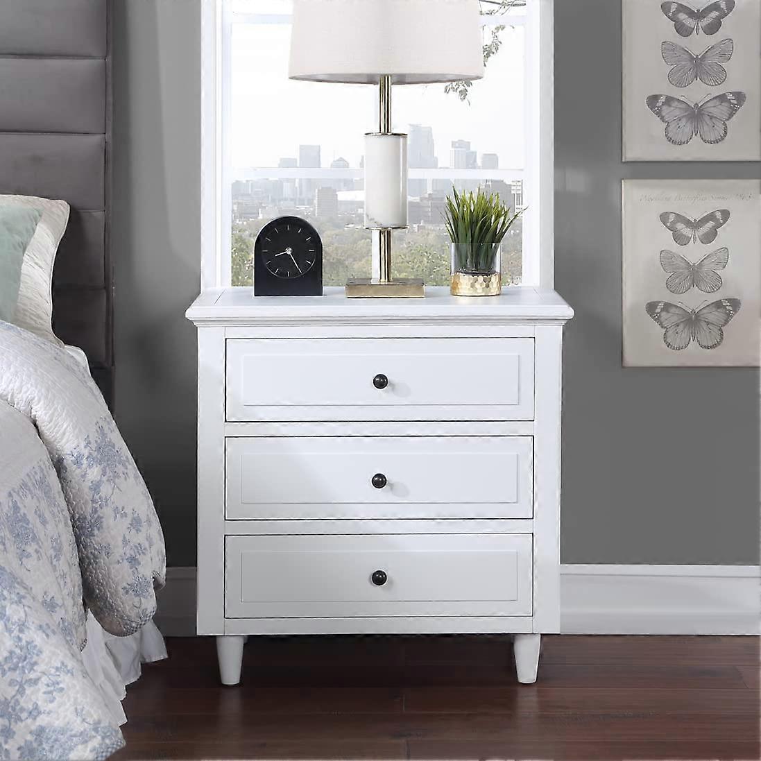 White 3 Drawer Nightstand Wood Bedside Table Fully Assembled with Smooth Glide Storage