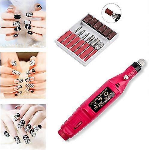 Electric Nail Drill Kit with USB Cable, Adjustable Speed, 6 Bits for Manicure Pedicure, Red
