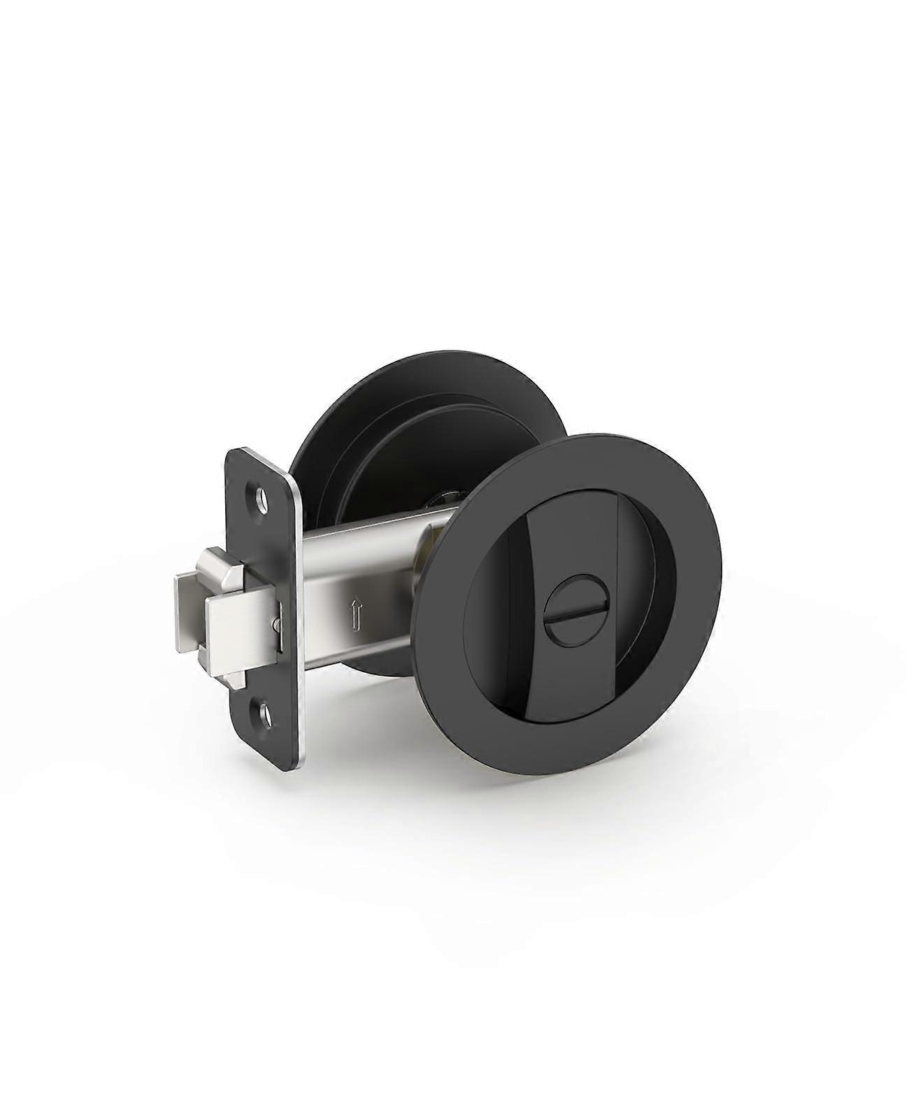 Matte Black Round Pocket Door Lock with Privacy Function, Flush Recessed Sliding Door Lock