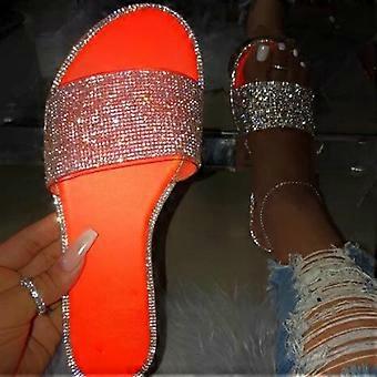 Damen-Slipper mit Strasssteinen, flach, offen, bequeme Sandalen, lässige Strandsandalen, Flip-Flops für Damen, Orange, Größe 35