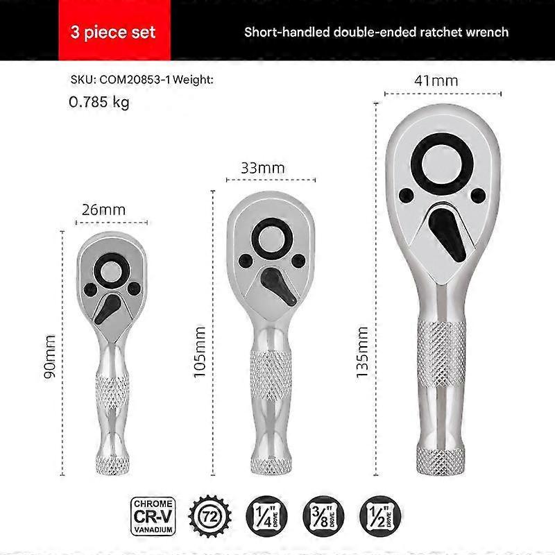 3-Piece Short Handle Ratchet Socket Wrench Set