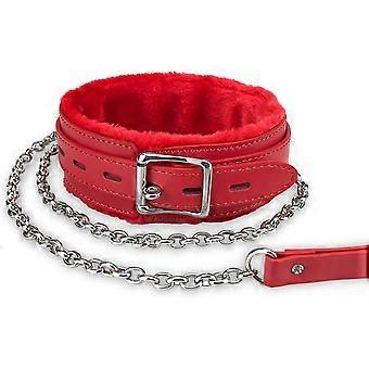 Gothic Leather Choker Collar, PU Leather Fur Lined Pet Collars Necklace with Long and Durable Detachable Leash Chain Pet Collars , Red