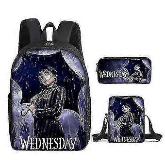 Conjunto de três peças da nova mochila escolar da Wandinha Addams para alunos do ensino fundamental e médio. Presente ideal para crianças. Tamanho 26s.